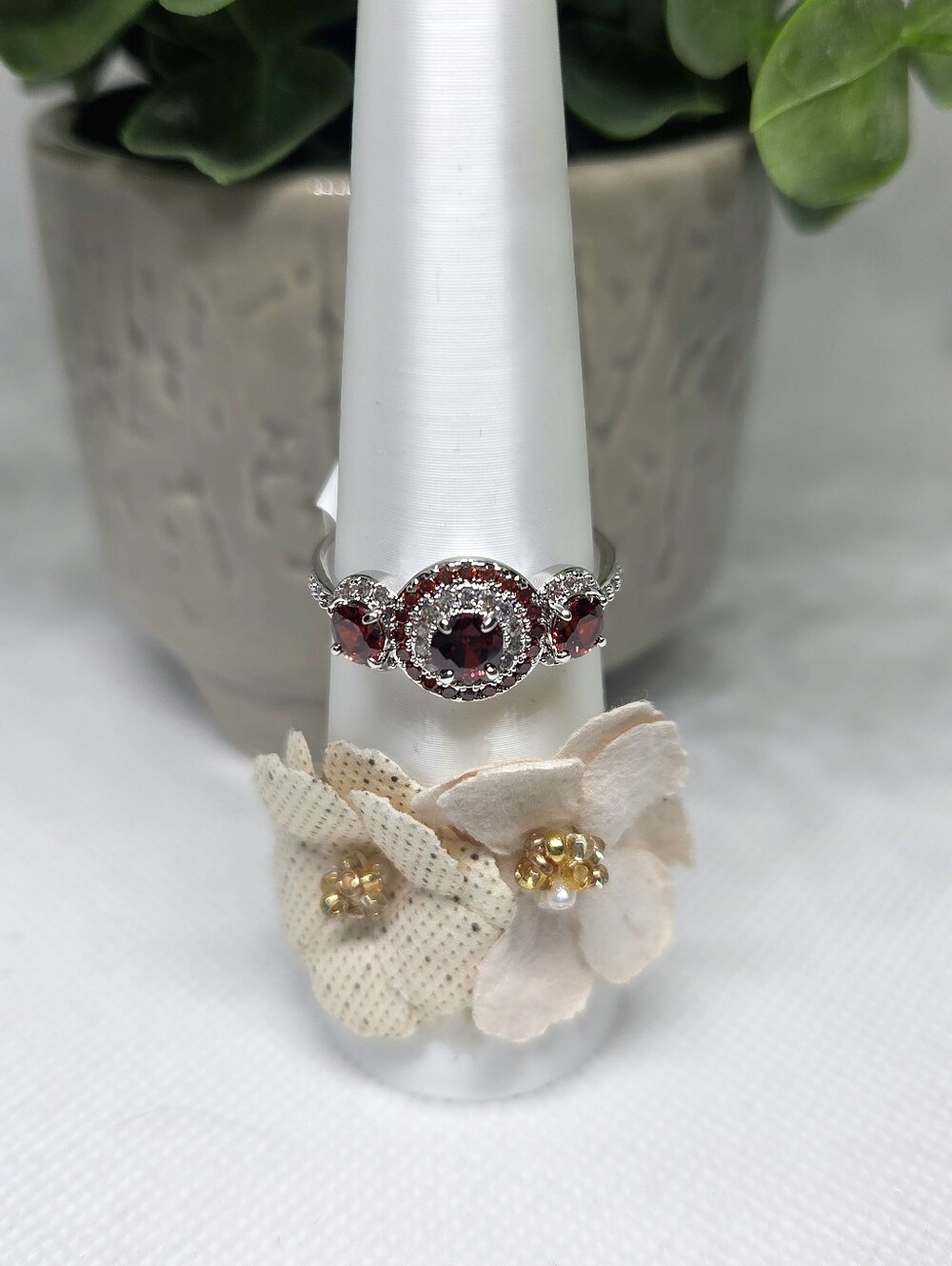 BP Garnet And Diamond CZ Triple Stone Halo Ring - "Completely Glamerous"